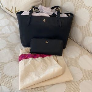 Tory Burch black tote with matching wallet